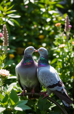 A charming scene of a couple of pigeons perched together in a lush green garden