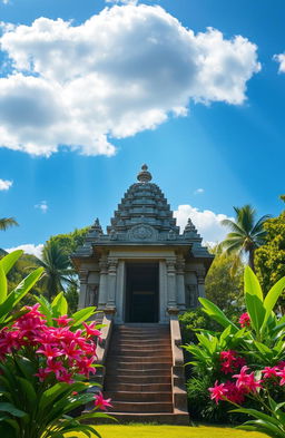 A serene and majestic depiction of the Gadoladeniya temple, nestled in a lush green landscape