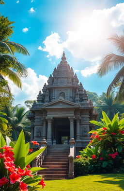 A serene and majestic depiction of the Gadoladeniya temple, nestled in a lush green landscape