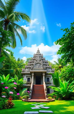 A serene and majestic depiction of the Gadoladeniya temple, nestled in a lush green landscape