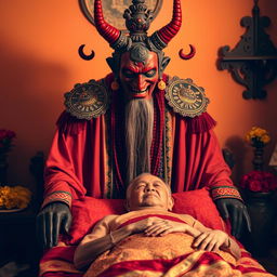 An imposing Thai Yama (the lord of death) with a fierce expression and horns on his head, colored in vibrant red, is standing over an elderly Thai man's bed