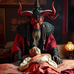 An imposing Thai Yama (the lord of death) with a fierce expression and horns on his head, colored in vibrant red, is standing over an elderly Thai man's bed