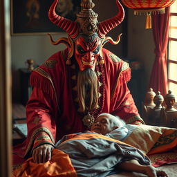 An imposing Thai Yama (the lord of death) with a fierce expression and horns on his head, colored in vibrant red, is standing over an elderly Thai man's bed