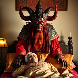 An imposing Thai Yama (the lord of death) with a fierce expression and horns on his head, colored in vibrant red, is standing over an elderly Thai man's bed