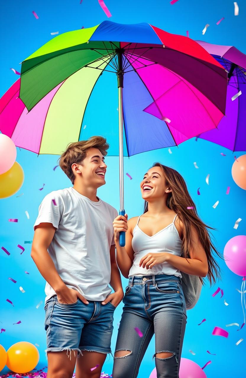 A vibrant and lively scene of a couple of teenagers enjoying a fun time at an umbrella party