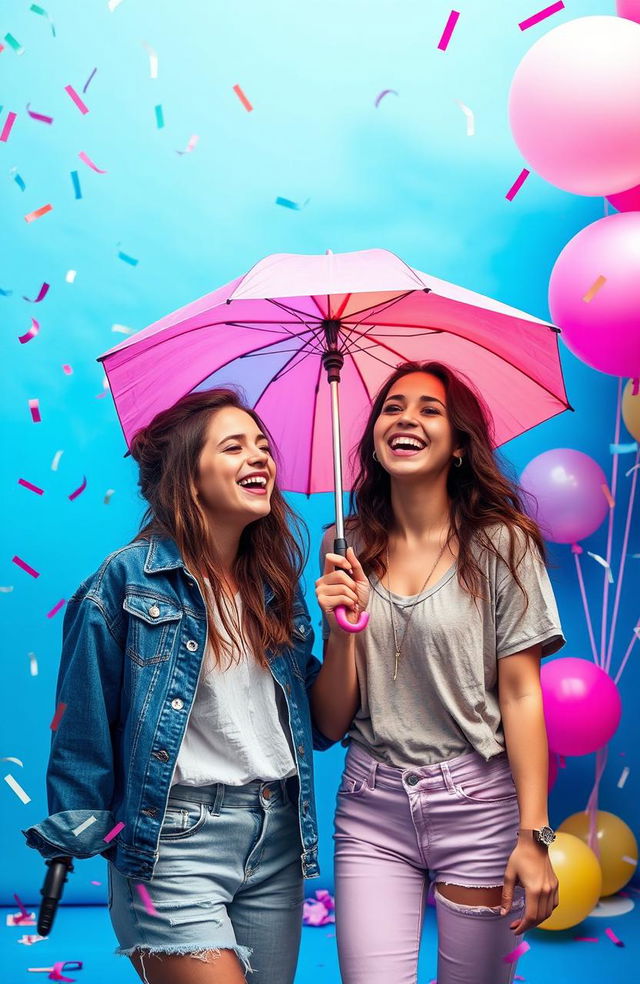 A vibrant and lively scene of a couple of teenagers enjoying a fun time at an umbrella party