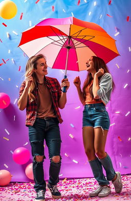 A vibrant and lively scene of a couple of teenagers enjoying a fun time at an umbrella party
