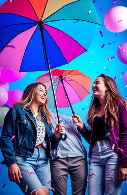 A vibrant and lively scene of a couple of teenagers enjoying a fun time at an umbrella party