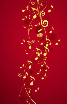 An elegant design featuring a deep burgundy background, richly textured, filled with a variety of musical notes cascading across the surface