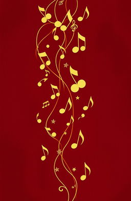 An elegant design featuring a deep burgundy background, richly textured, filled with a variety of musical notes cascading across the surface