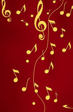 An elegant design featuring a deep burgundy background, richly textured, filled with a variety of musical notes cascading across the surface