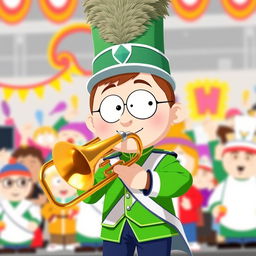 A cartoon character inspired by the style of South Park, resembling Kyle Broflovski, dressed in a vibrant marching band uniform