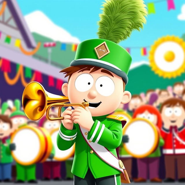 A cartoon character inspired by the style of South Park, resembling Kyle Broflovski, dressed in a vibrant marching band uniform