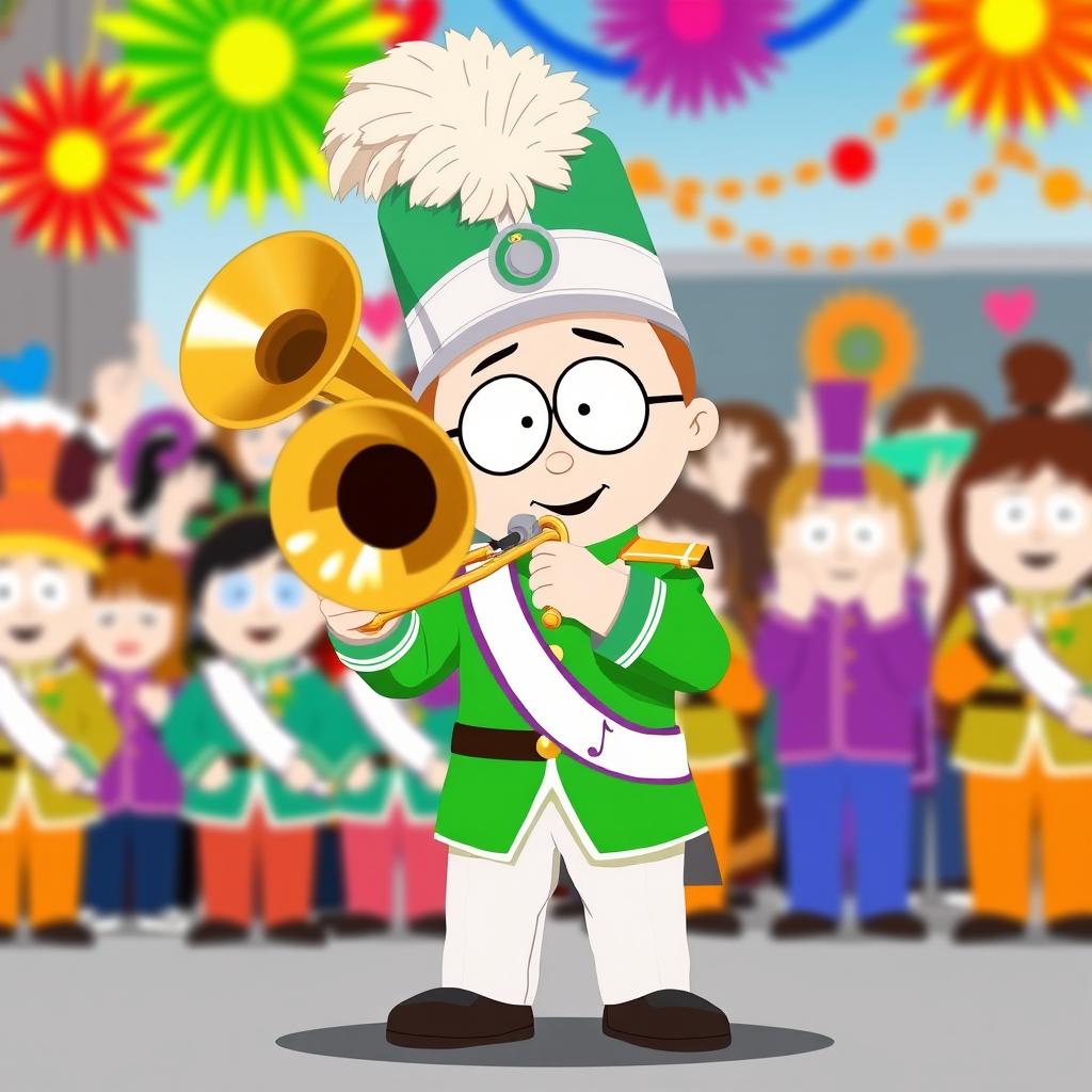 A cartoon character inspired by the style of South Park, resembling Kyle Broflovski, dressed in a vibrant marching band uniform