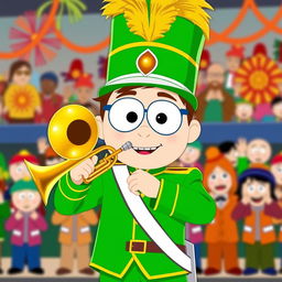 A cartoon character inspired by the style of South Park, resembling Kyle Broflovski, dressed in a vibrant marching band uniform
