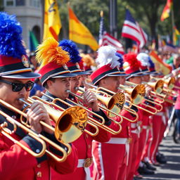 A dynamic scene featuring a lively marching band in full performance