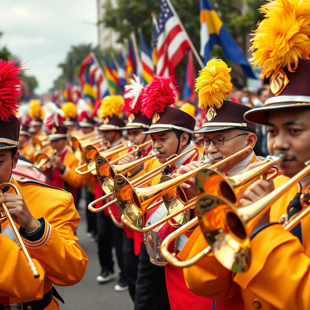 A dynamic scene featuring a lively marching band in full performance