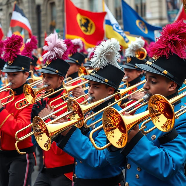 A dynamic scene featuring a lively marching band in full performance