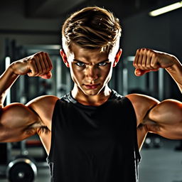 A muscular teenage boy flexing his bicep muscles, showcasing his strength and athleticism