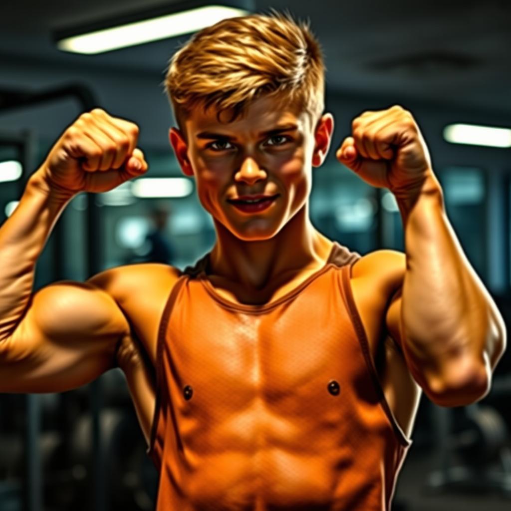 A muscular teenage boy flexing his bicep muscles, showcasing his strength and athleticism