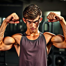 A muscular teenage boy flexing his bicep muscles, showcasing his strength and athleticism