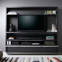 A modern TV unit with sleek lines and matte black finishes. Include shelves filled with various books and trinkets, and a large flat-screen TV mounted in the center.