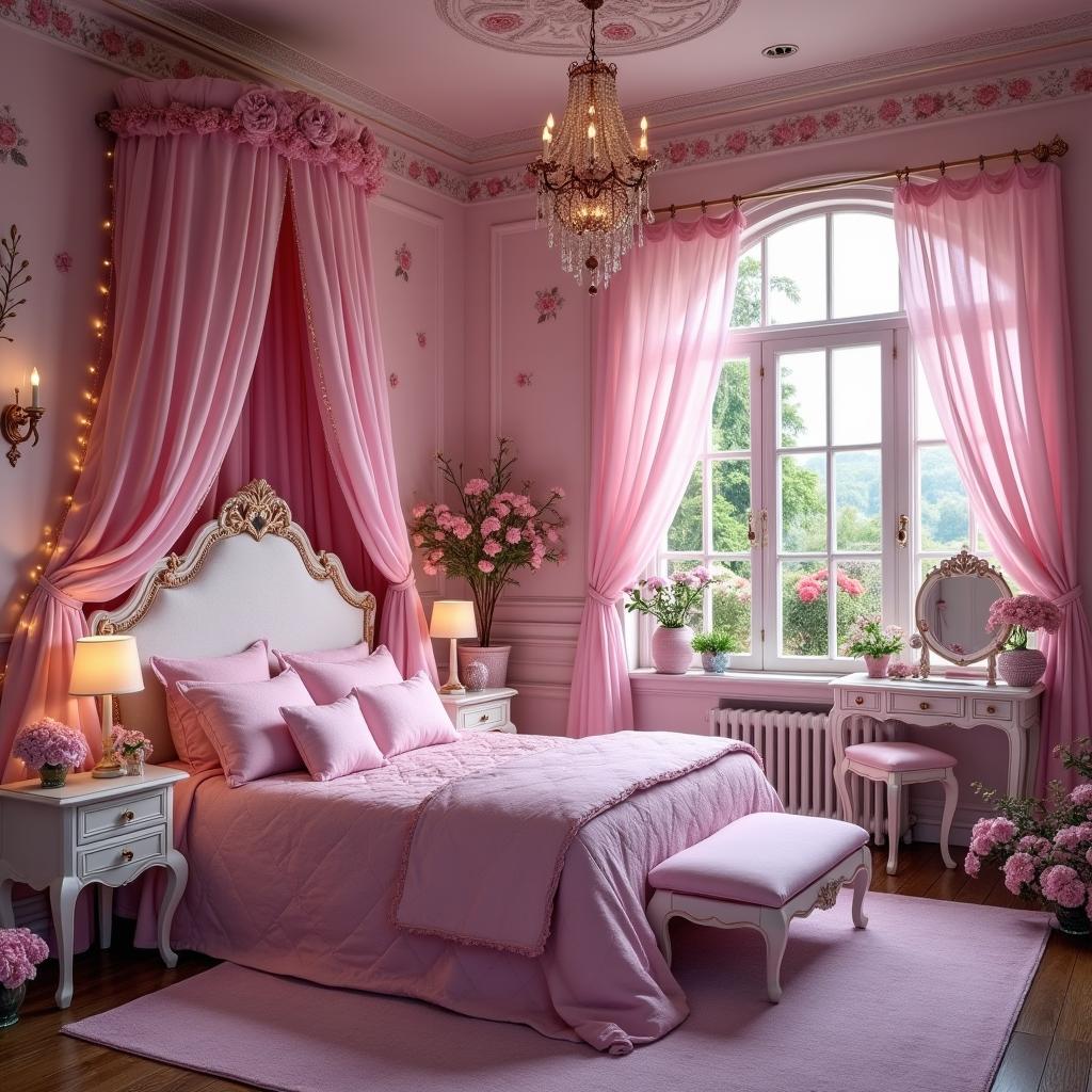 A pink flower-themed bedroom in a magical faerie palace, featuring whimsical elements such as delicate floral patterns on the walls, a canopied bed adorned with soft pink and lavender fabrics, shimmering fairy lights hanging from the ceiling, and a beautiful view of a garden filled with blooming flowers just outside the window