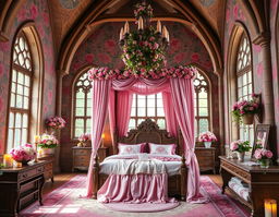 A very large pink flower-themed bedroom in a medieval faerie palace, showcasing grand architecture with tall, arched windows that let in soft, natural light