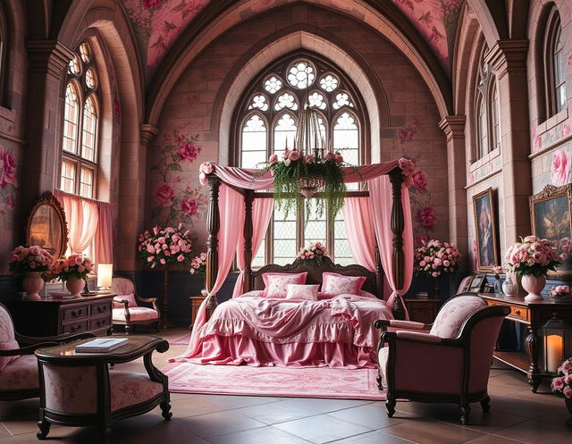 A very large pink flower-themed bedroom in a medieval faerie palace, showcasing grand architecture with tall, arched windows that let in soft, natural light