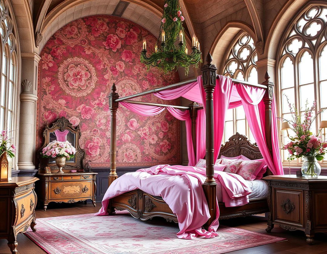 A very large pink flower-themed bedroom in a medieval faerie palace, showcasing grand architecture with tall, arched windows that let in soft, natural light