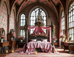 A very large pink flower-themed bedroom in a medieval faerie palace, showcasing grand architecture with tall, arched windows that let in soft, natural light