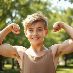 A beautiful teenage boy flexing his muscles, showcasing his toned physique, with a confident smile and bright eyes