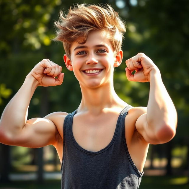 A beautiful teenage boy flexing his muscles, showcasing his toned physique, with a confident smile and bright eyes