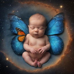 A metaphysical transition of a soul emerging as a newborn from the cosmic dust, with a life cycle butterfly, symbolizing the concept of reincarnation