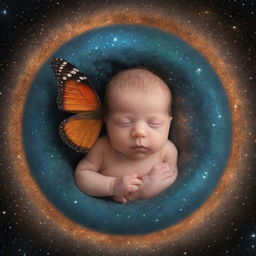 A metaphysical transition of a soul emerging as a newborn from the cosmic dust, with a life cycle butterfly, symbolizing the concept of reincarnation