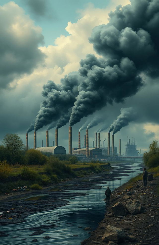 A detailed landscape showing man-made pollution in an industrial area, featuring smokestacks emitting thick black smoke against a cloudy sky