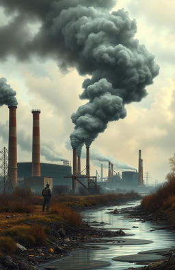 A detailed landscape showing man-made pollution in an industrial area, featuring smokestacks emitting thick black smoke against a cloudy sky