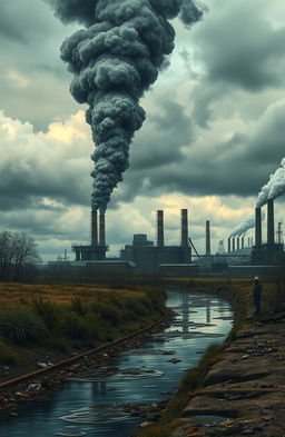 A detailed landscape showing man-made pollution in an industrial area, featuring smokestacks emitting thick black smoke against a cloudy sky
