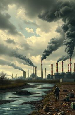 A detailed landscape showing man-made pollution in an industrial area, featuring smokestacks emitting thick black smoke against a cloudy sky