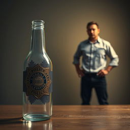 A scene depicting a glass bottle in the foreground alongside a shiny police badge, symbolizing triumph over addiction