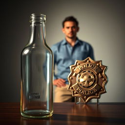 A scene depicting a glass bottle in the foreground alongside a shiny police badge, symbolizing triumph over addiction
