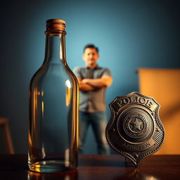 A scene depicting a glass bottle in the foreground alongside a shiny police badge, symbolizing triumph over addiction