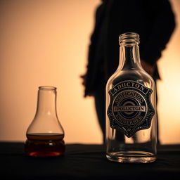 A scene depicting a glass bottle in the foreground alongside a shiny police badge, symbolizing triumph over addiction