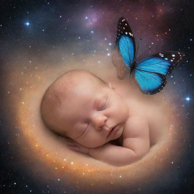 A metaphysical transition of a soul emerging as a newborn from the cosmic dust, with a life cycle butterfly, symbolizing the concept of reincarnation