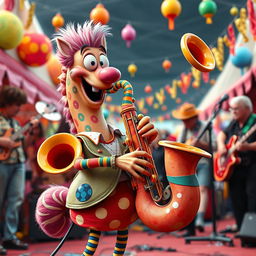A whimsical and imaginative musical instrument called a 'sqasophone', which is a fusion of a saxophone and a quirky, playful design