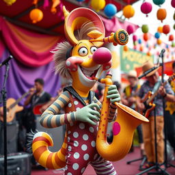 A whimsical and imaginative musical instrument called a 'sqasophone', which is a fusion of a saxophone and a quirky, playful design