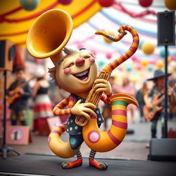A whimsical and imaginative musical instrument called a 'sqasophone', which is a fusion of a saxophone and a quirky, playful design