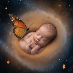 A metaphysical transition of a soul emerging as a newborn from the cosmic dust, with a life cycle butterfly, symbolizing the concept of reincarnation