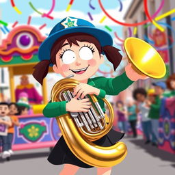 A character resembling Wendy Testaburger from South Park playing a sousaphone with enthusiasm