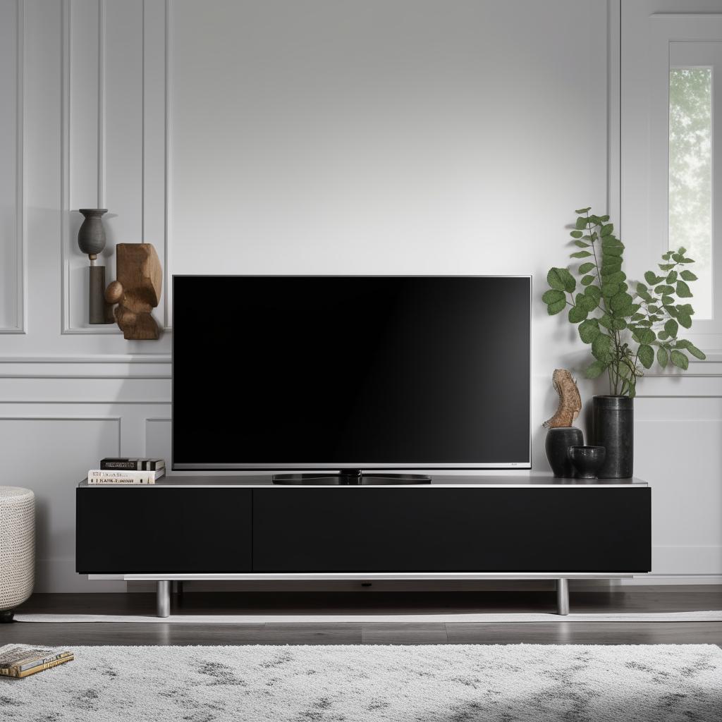 A modern TV unit with sleek lines and matte black finishes. Include shelves filled with various books and trinkets, and a large flat-screen TV mounted in the center.